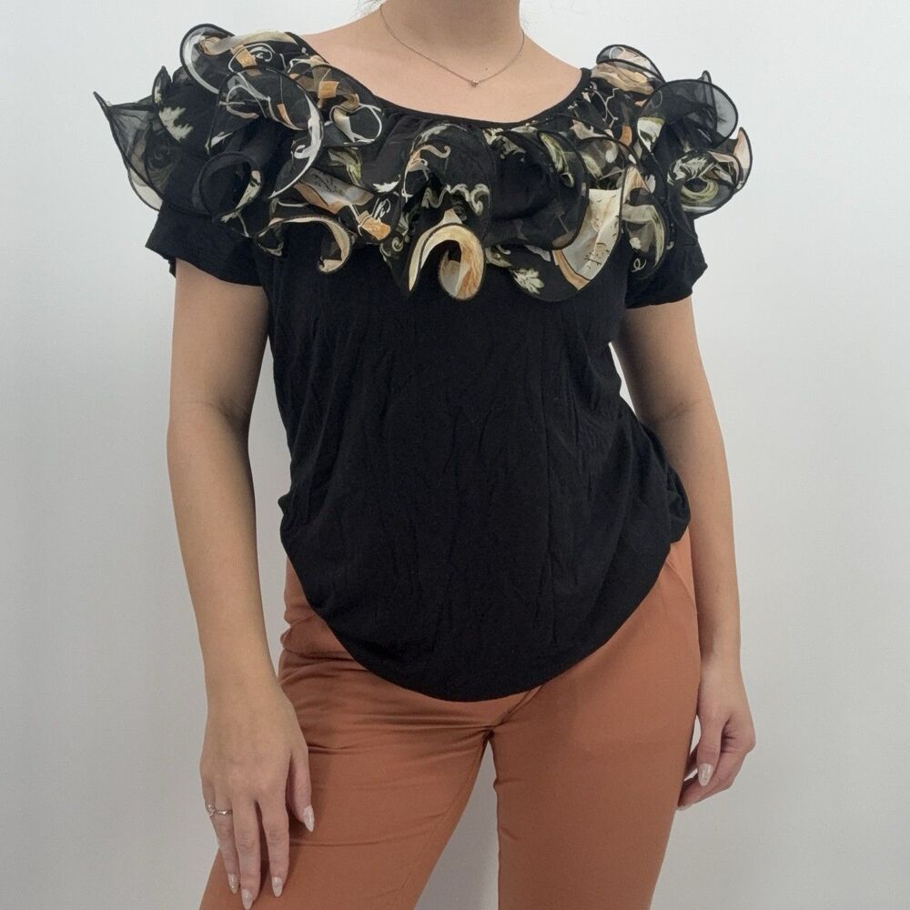 Ravel Black Organza Ruffle Funky Short Sleeve Top Size XL Y2k Style